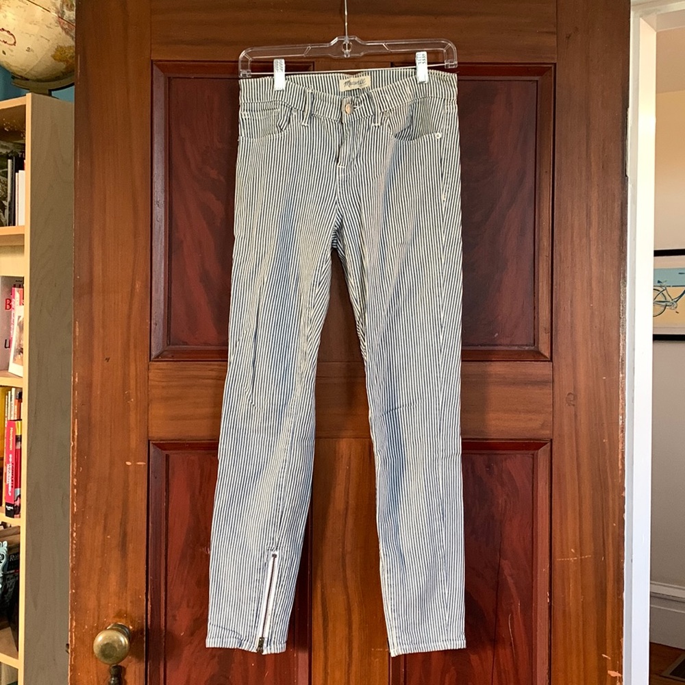 Women's Madewell Skinny Jeans Railroad Striped Zipper Pants 26 Blue White.